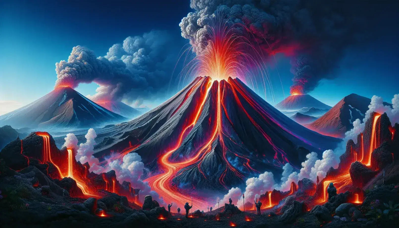 Eruzione vulcanica con colonna di fumo, flusso di lava incandescente e gruppo di vulcanologi che osservano a distanza.
