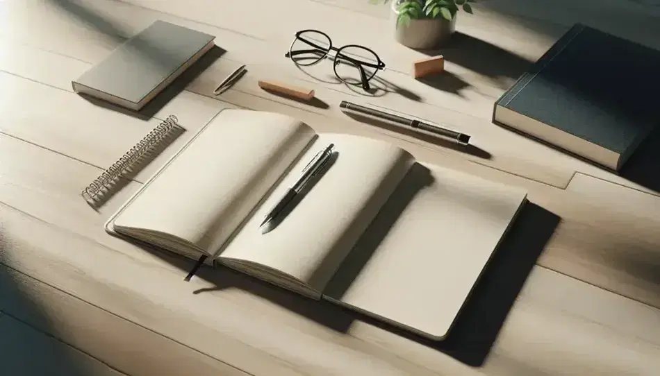 Mesa de madera clara con cuaderno abierto, bolígrafo metálico, libro azul, gafas negras y planta en maceta blanca, ambiente de escritura sereno.