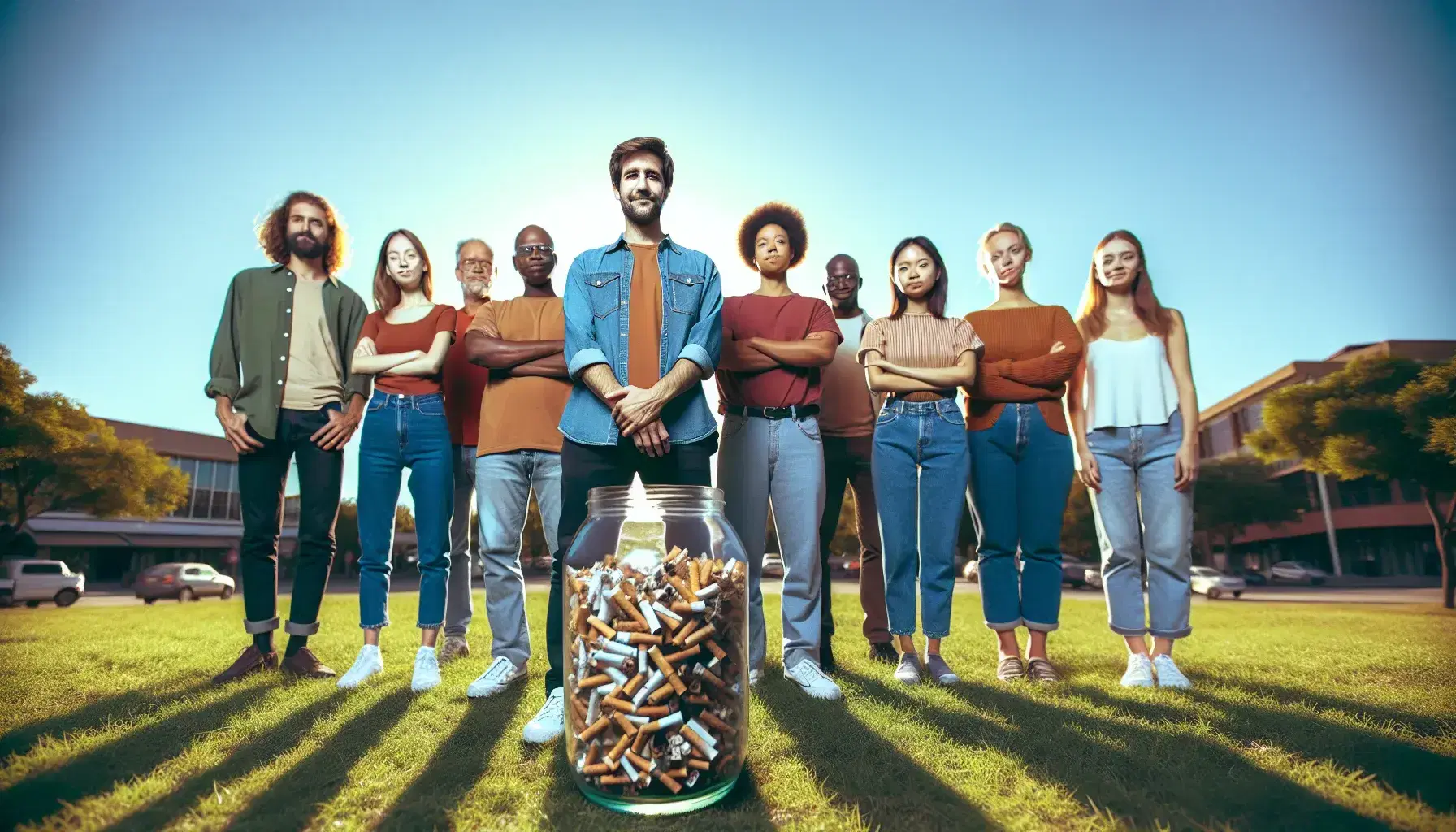 Diverse group outdoors under blue sky, person in center holding jar of brown paper pieces, others stand attentively on green grass.