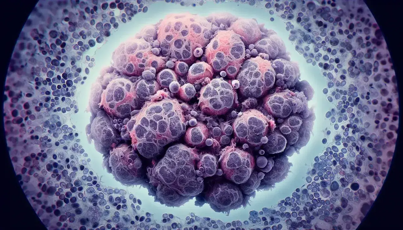 Microscopic view showing a disorganized cluster of densely packed tumor cells with dark nuclei, contrasted by surrounding organized normal tissue.