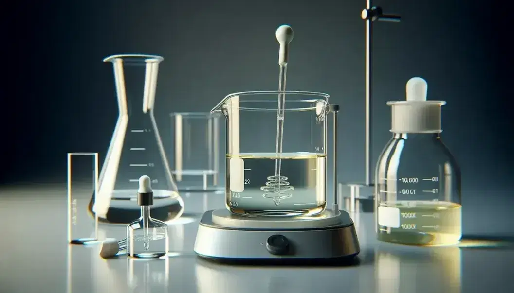 Glass beaker with pale yellow liquid mixed by a magnetic stirrer on a black plate, pipette and other laboratory glassware in the background.