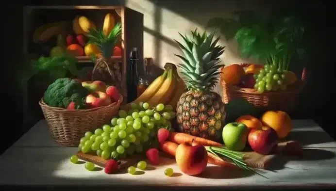 Frutta e verdura fresca su piano di legno chiaro con ananas al centro, uva verde, mela rossa, carote arancioni e banane mature.