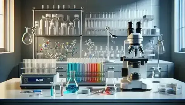 Laboratorio scientifico con microscopio, provette colorate, bilancia analitica e pipette su tavolo bianco, illuminato da luce naturale.