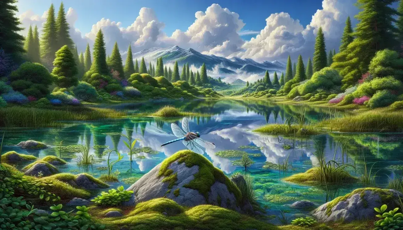 Paesaggio naturale con lago dalle acque calme e trasparenti, vegetazione lussureggiante, libellula su roccia e montagne innevate in lontananza.