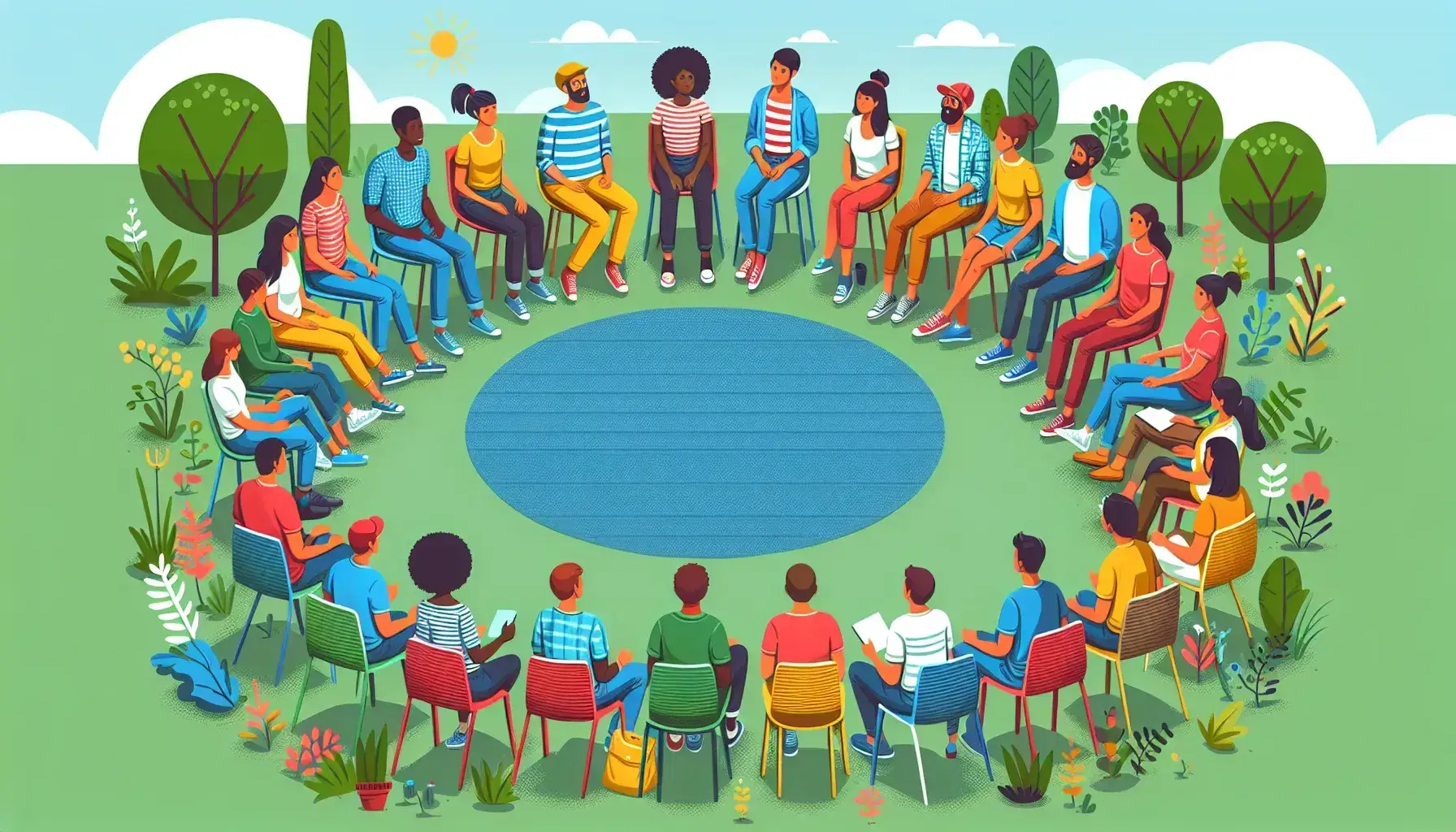 Gruppo multietnico seduto in cerchio su sedie colorate in un parco, partecipando a un'attività di gruppo all'aperto.