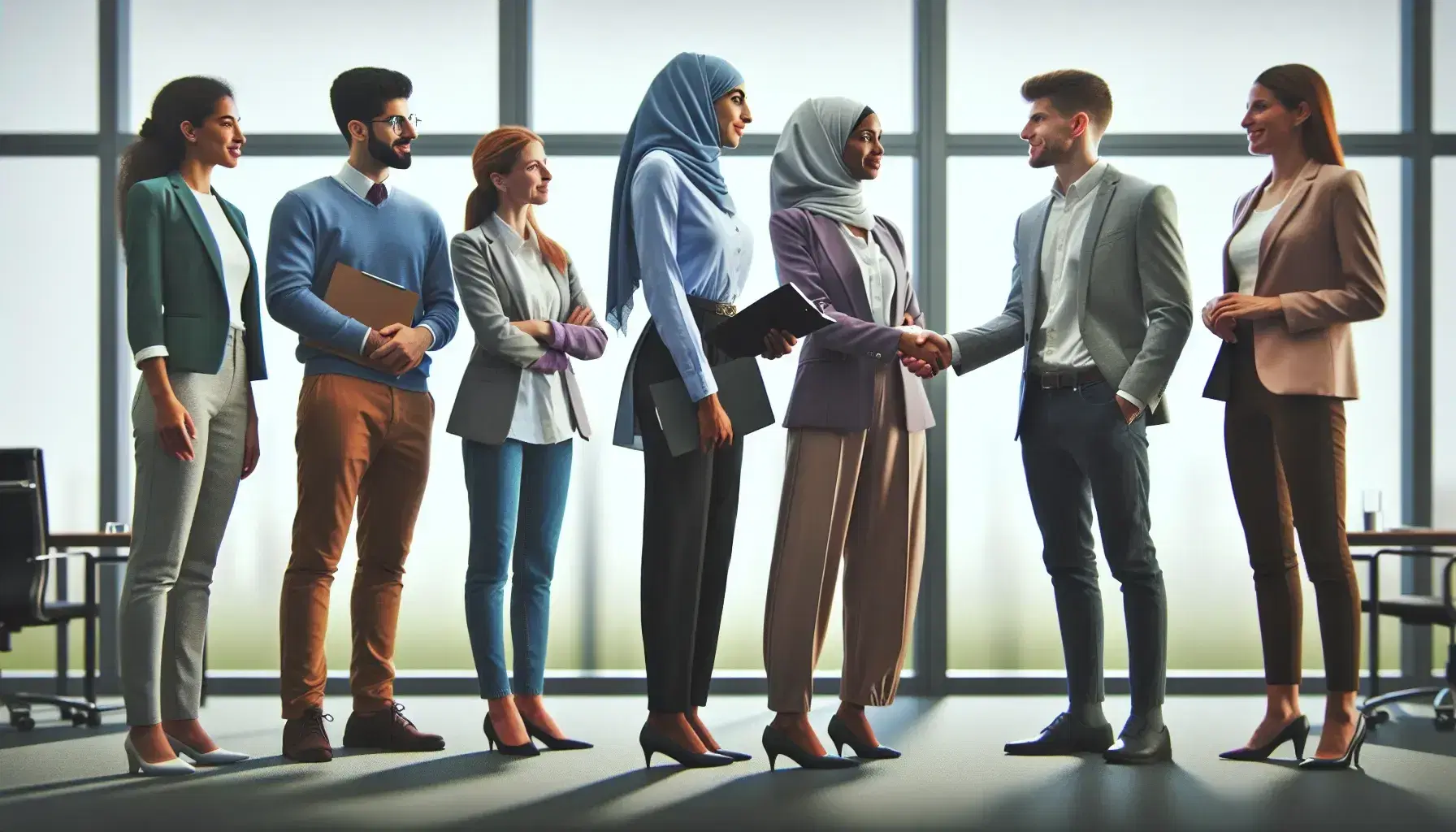 Diverse professionals in a collaborative meeting, with a Middle-Eastern woman and Caucasian man shaking hands, surrounded by smiling colleagues.