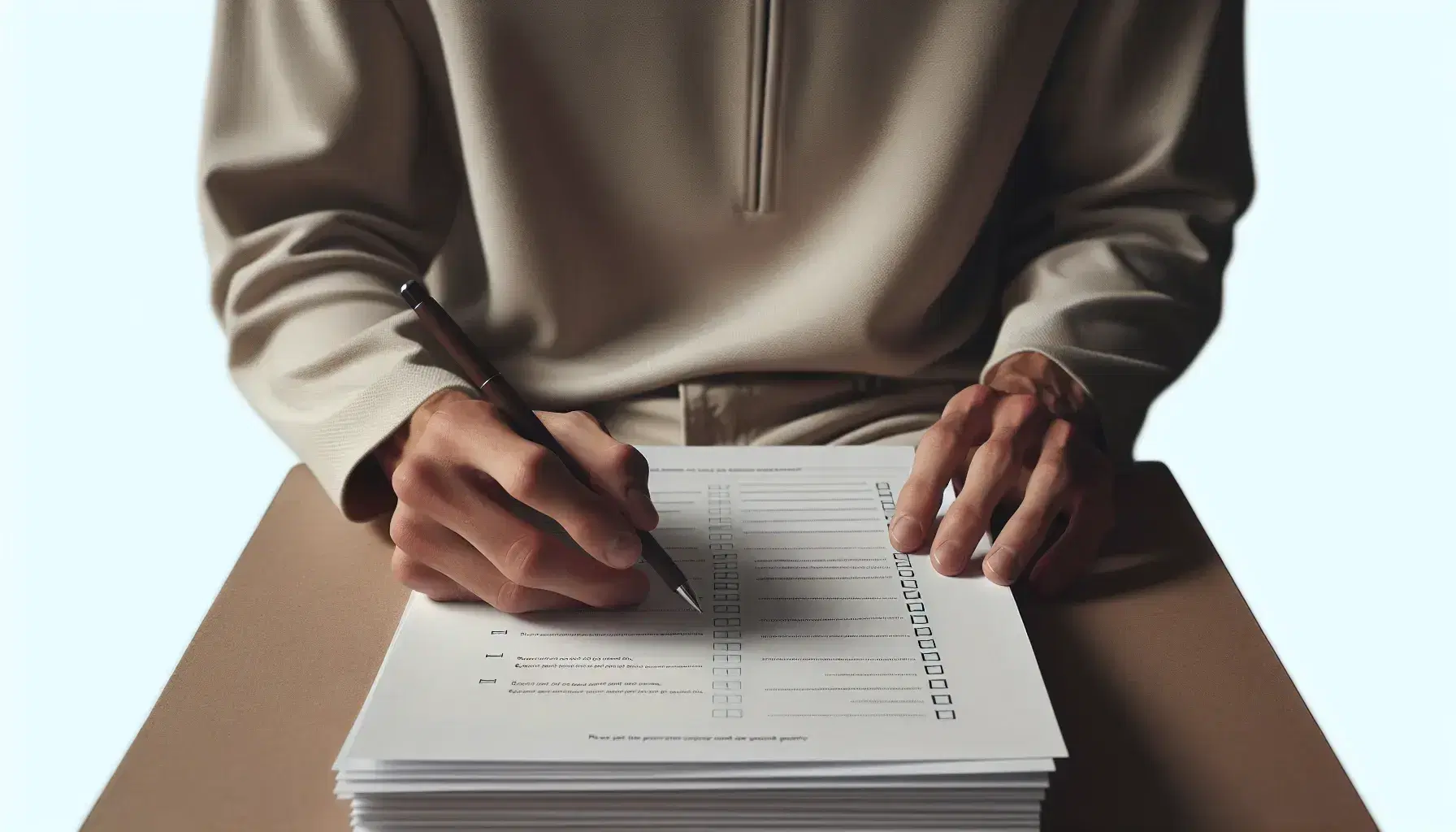 Close-up of hands on stacks of questionnaires with pens ready to mark, voice recorder on table, professional and neutral atmosphere.