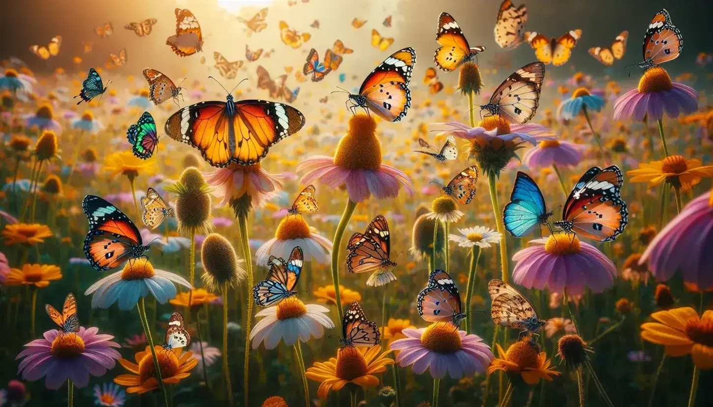 Mariposas de variados colores posadas en flores silvestres, destacando una con alas naranjas y negras entre tonos azules, amarillos y verdes en un campo iluminado por el sol.