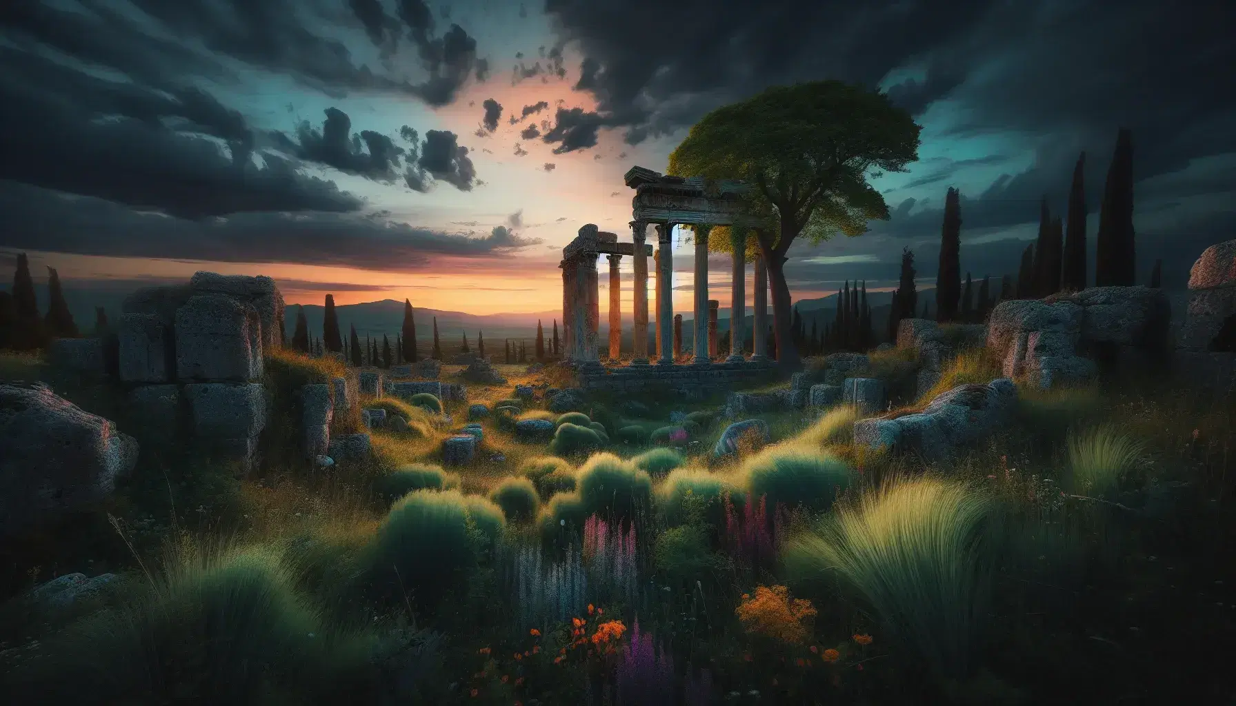 Paesaggio naturale al crepuscolo con rovine di un tempio greco antico, colonne d'epoca e vegetazione selvatica sotto un cielo sfumato di arancio e viola.