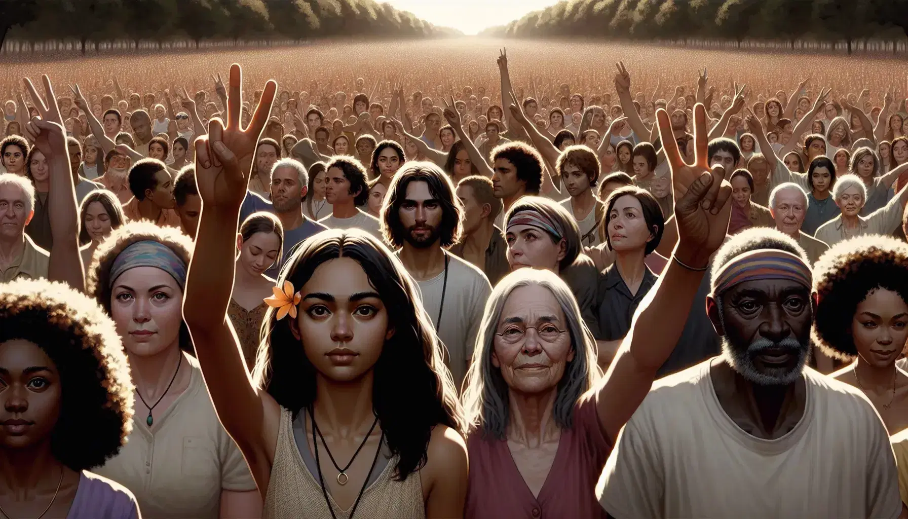 Diverse outdoor gathering in a park with people of various ages and ethnicities showing unity, some with peace signs, under soft daylight.