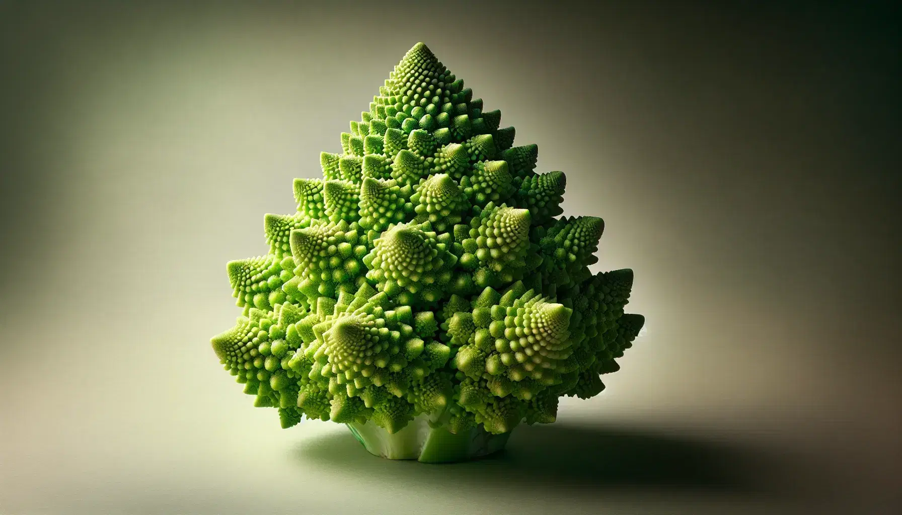 Close-up view of vibrant green Romanesco broccoli displaying natural fractal patterns with a gradient background enhancing its texture.
