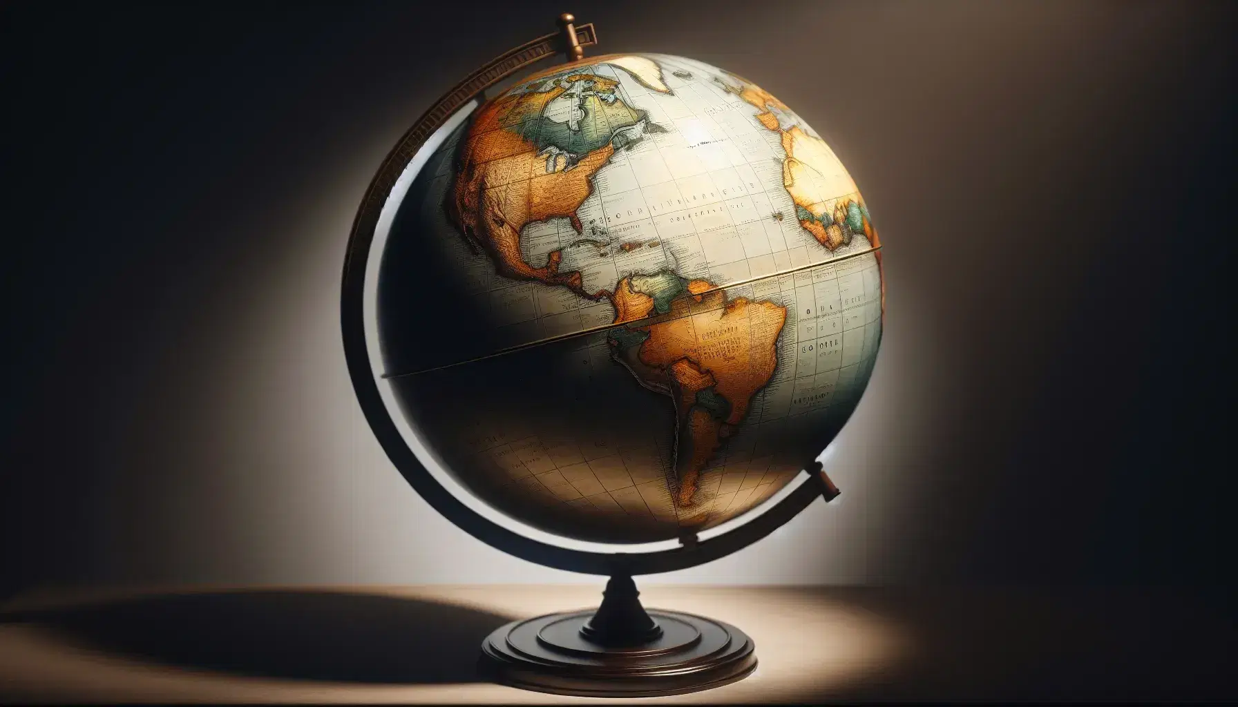Mappamondo illuminato su supporto in legno scuro con continenti in verde e marrone e oceani blu, senza scritte visibili.
