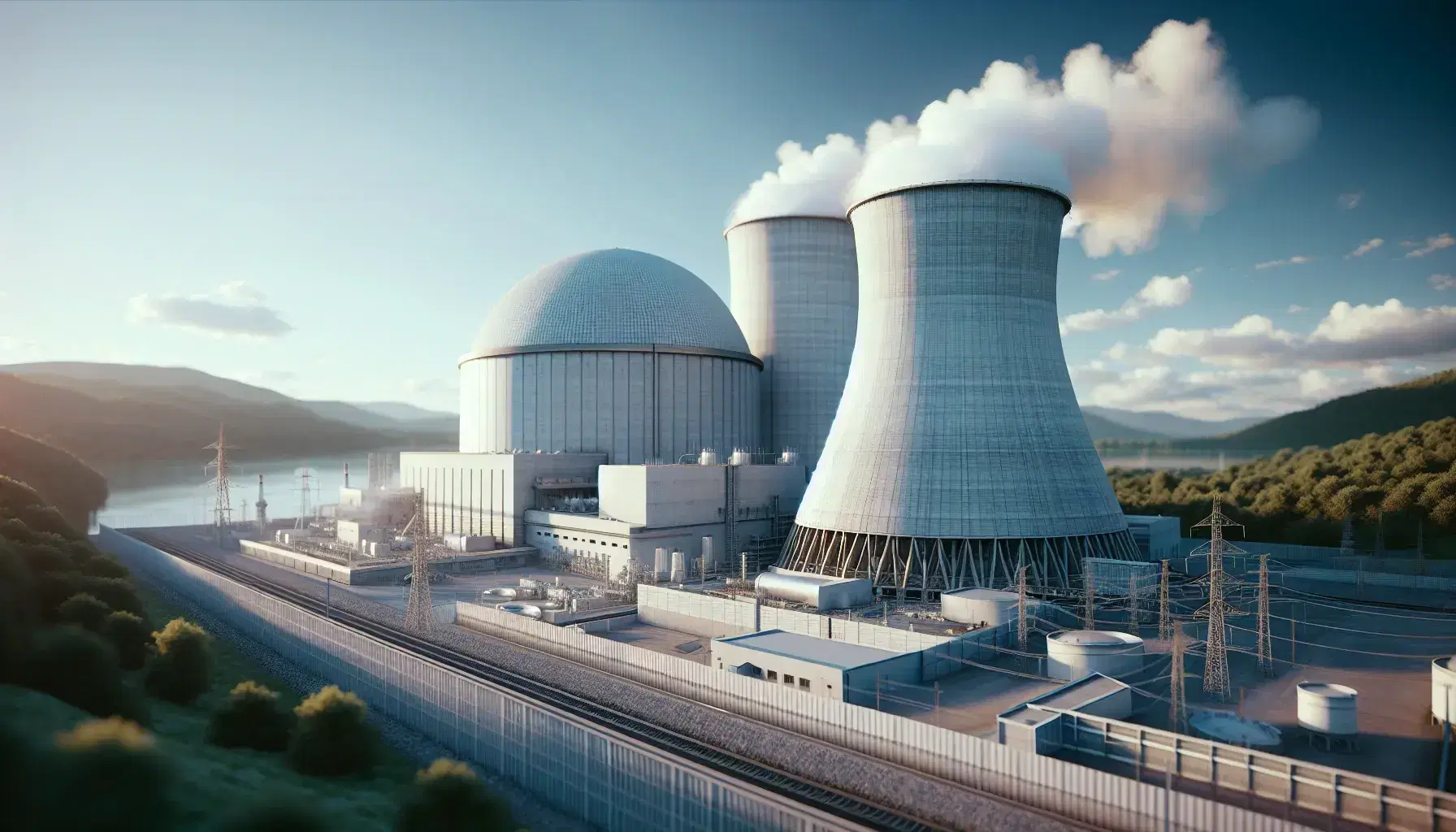 Central nuclear en funcionamiento con reactor de estructura cilíndrica blanca y dos torres de enfriamiento hiperboloides emitiendo vapor bajo un cielo azul.