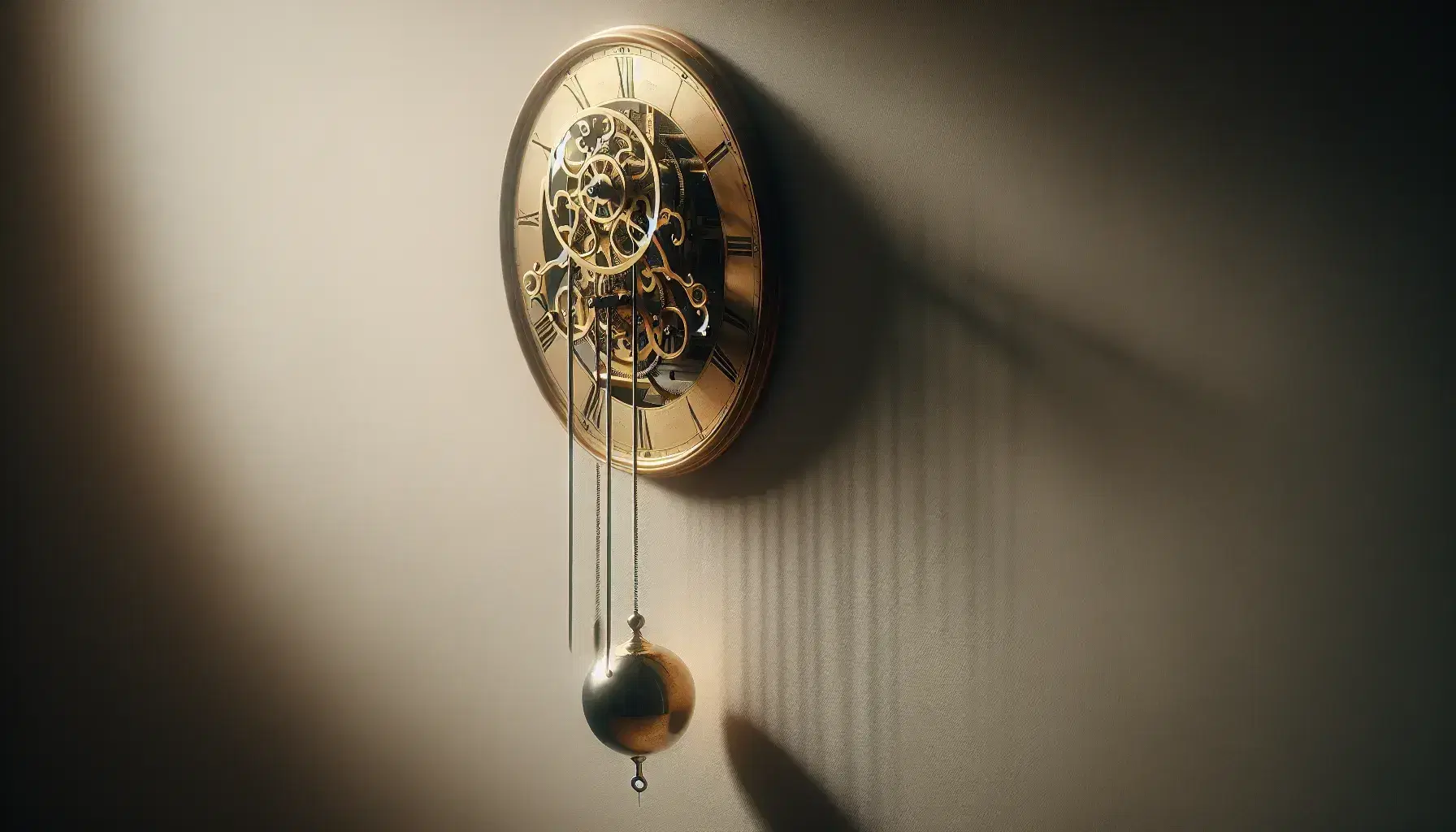 Péndulo de reloj de pared antiguo de metal brillante oscilando con fondo claro, destacando su forma estilizada y mecanismo oscuro.