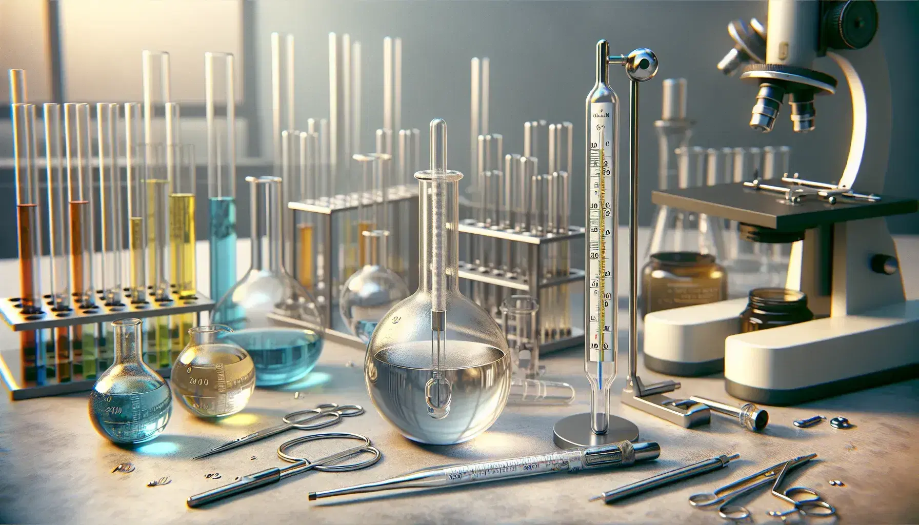 Laboratorio scientifico con termometro a mercurio, cilindro graduato con liquido trasparente e becher con liquidi colorati su tavolo chiaro.