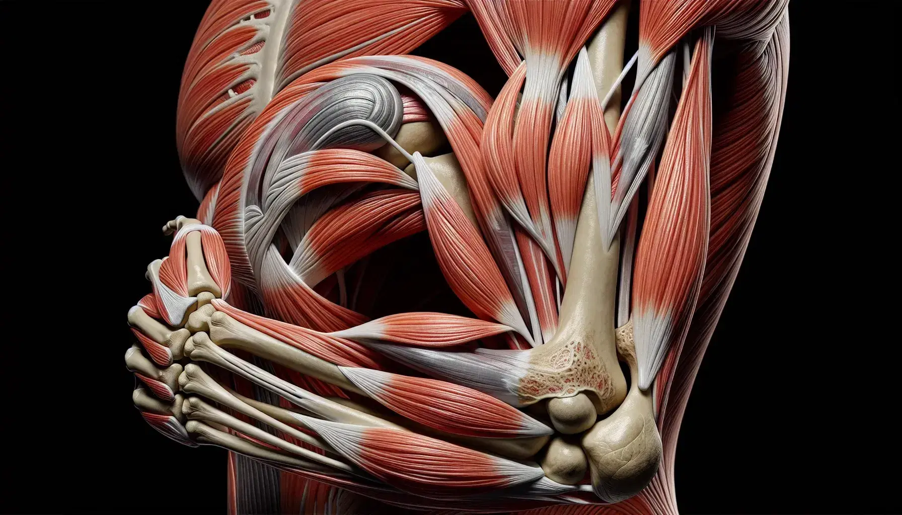 Vista anatómica detallada del codo humano flexionado mostrando músculos, tendones y ligamentos, con huesos humero, ulna y radio visibles.