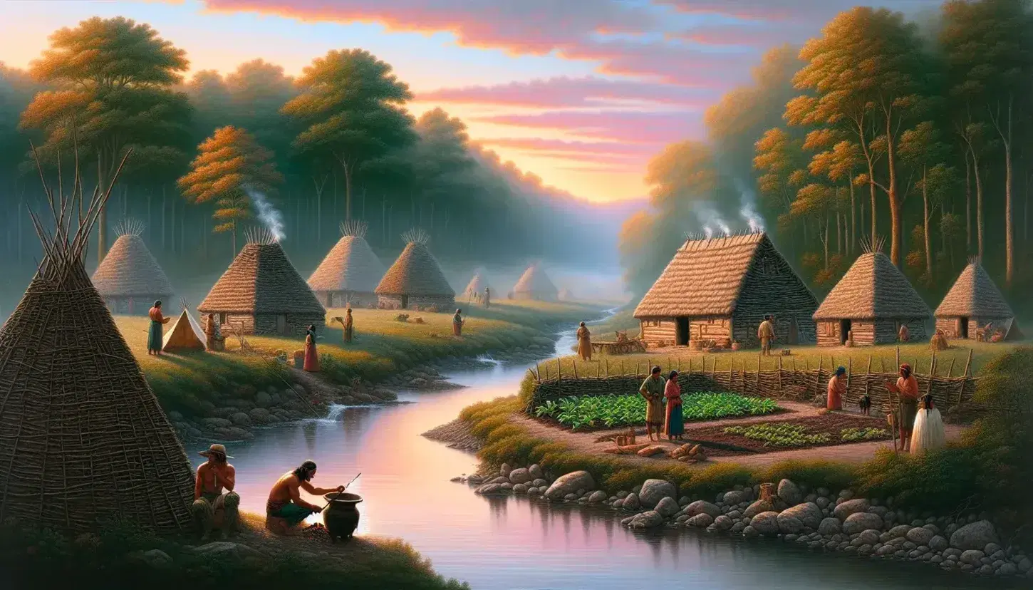 Sunrise over a serene Cherokee village with wattle and daub houses by a river, locals tending crops, cooking, and fishing, surrounded by a lush forest.