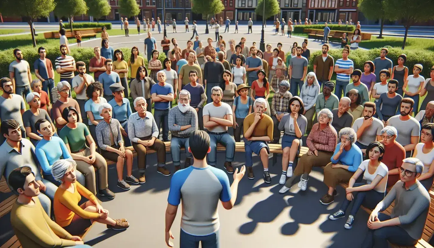 Grupo diverso escuchando atentamente a un orador en un parque soleado, reflejando interacción social y diversas reacciones ante el discurso.