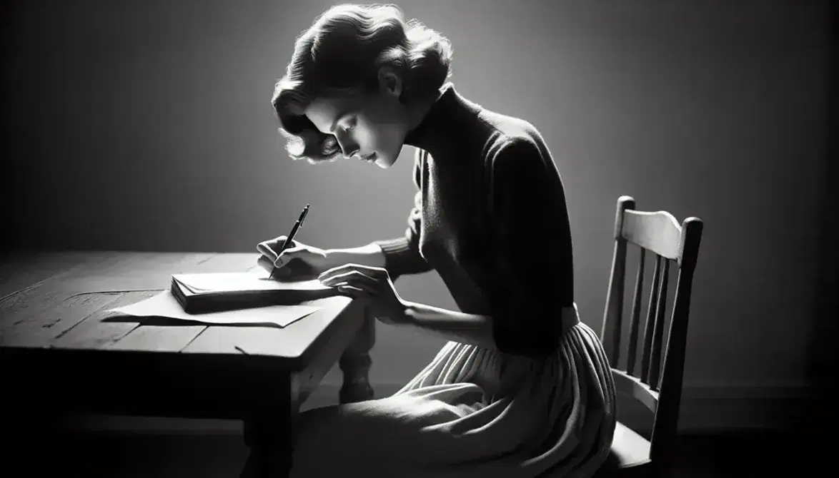 Donna con capelli corti e ondulati scrive con penna stilografica su un foglio appoggiato su un tavolo di legno, illuminata lateralmente.