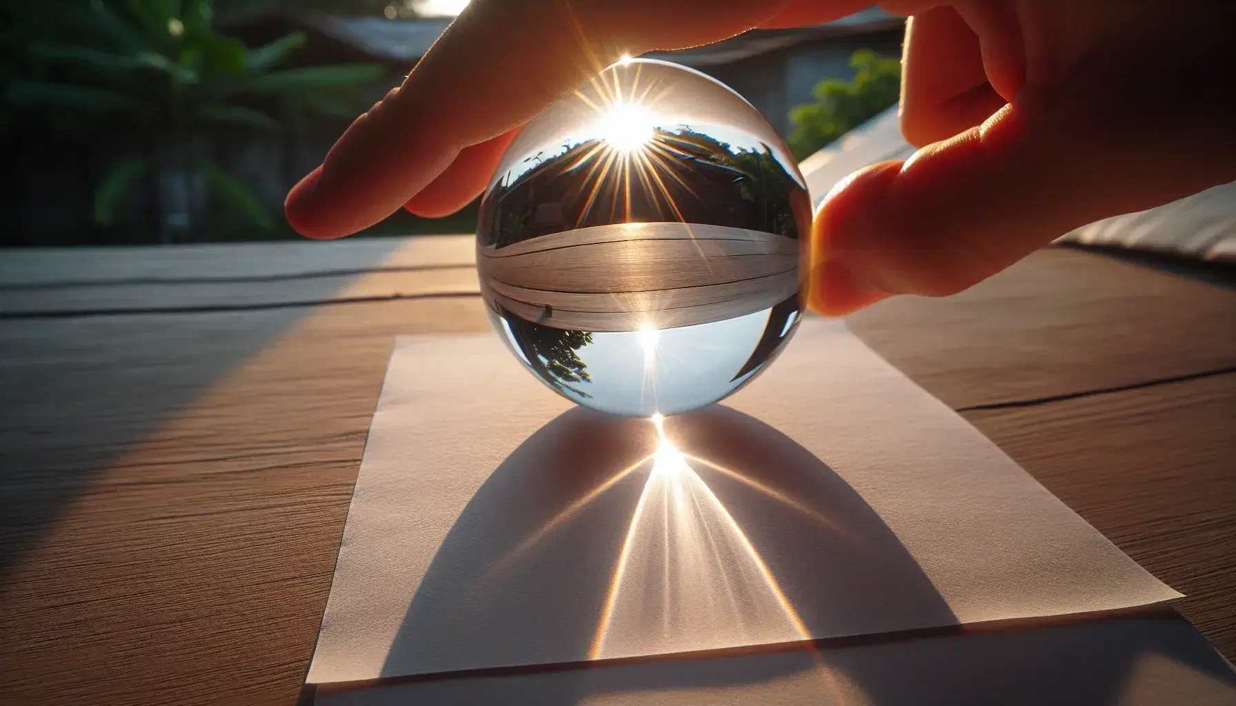 Hand using a magnifying glass to focus sunlight on paper, causing it to smolder, against a blurred green and blue background.