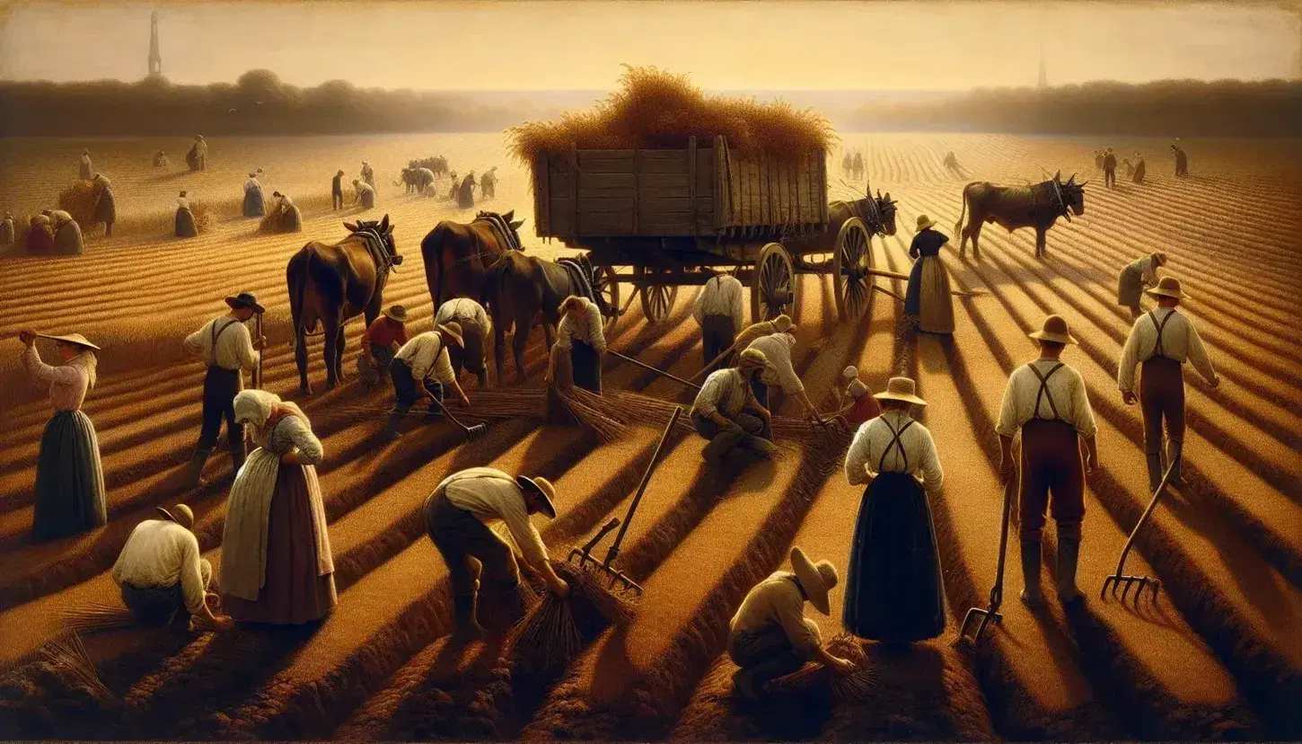 Scena rurale d'epoca con contadini al lavoro nei campi, carretto trainato da buoi e casa di campagna sullo sfondo al tramonto.