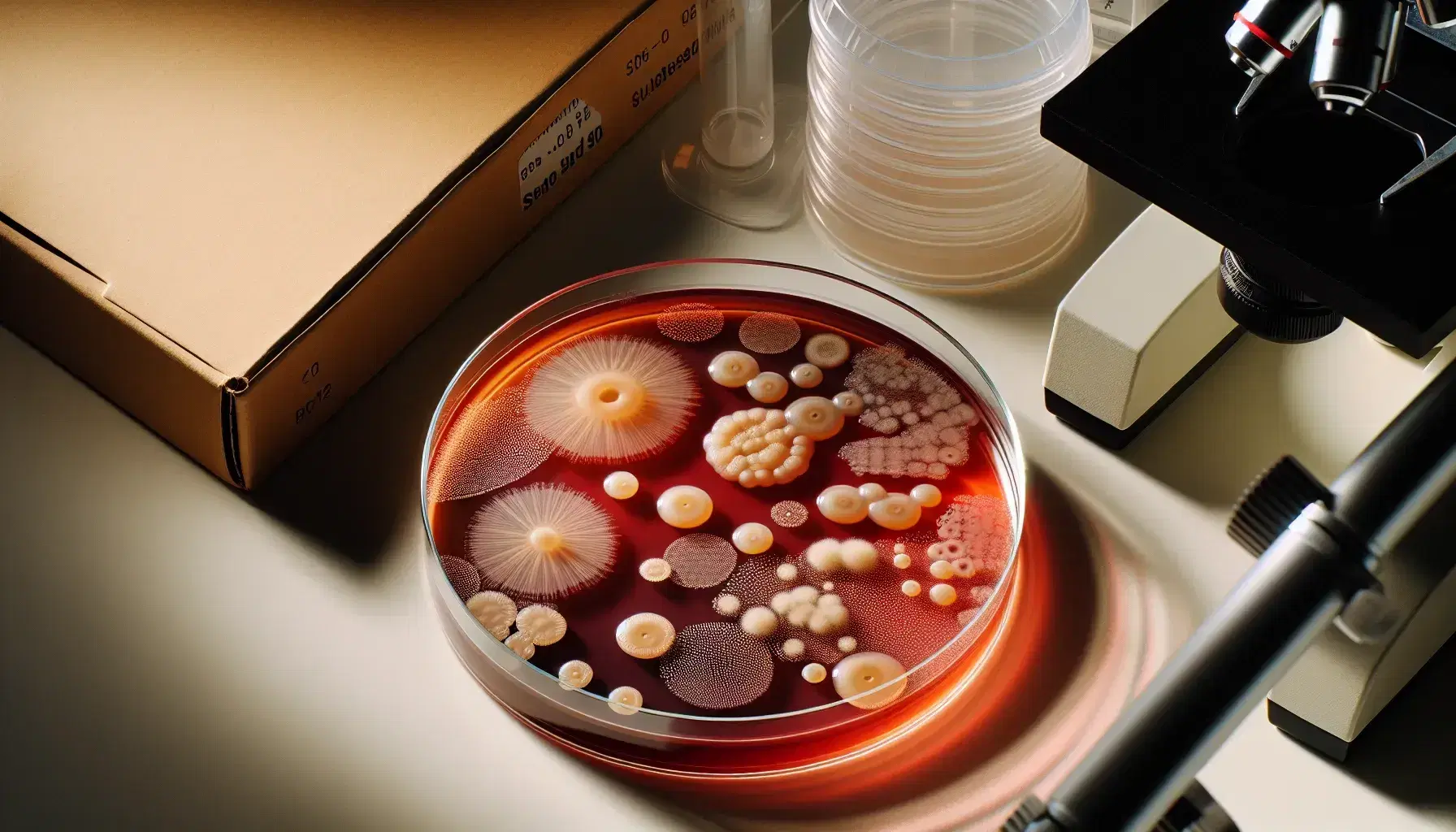 Placa de Petri transparente con medio de cultivo agar rojizo y colonias bacterianas de distintos tamaños y colores, parcialmente cubierta por su tapa, sobre superficie de laboratorio.