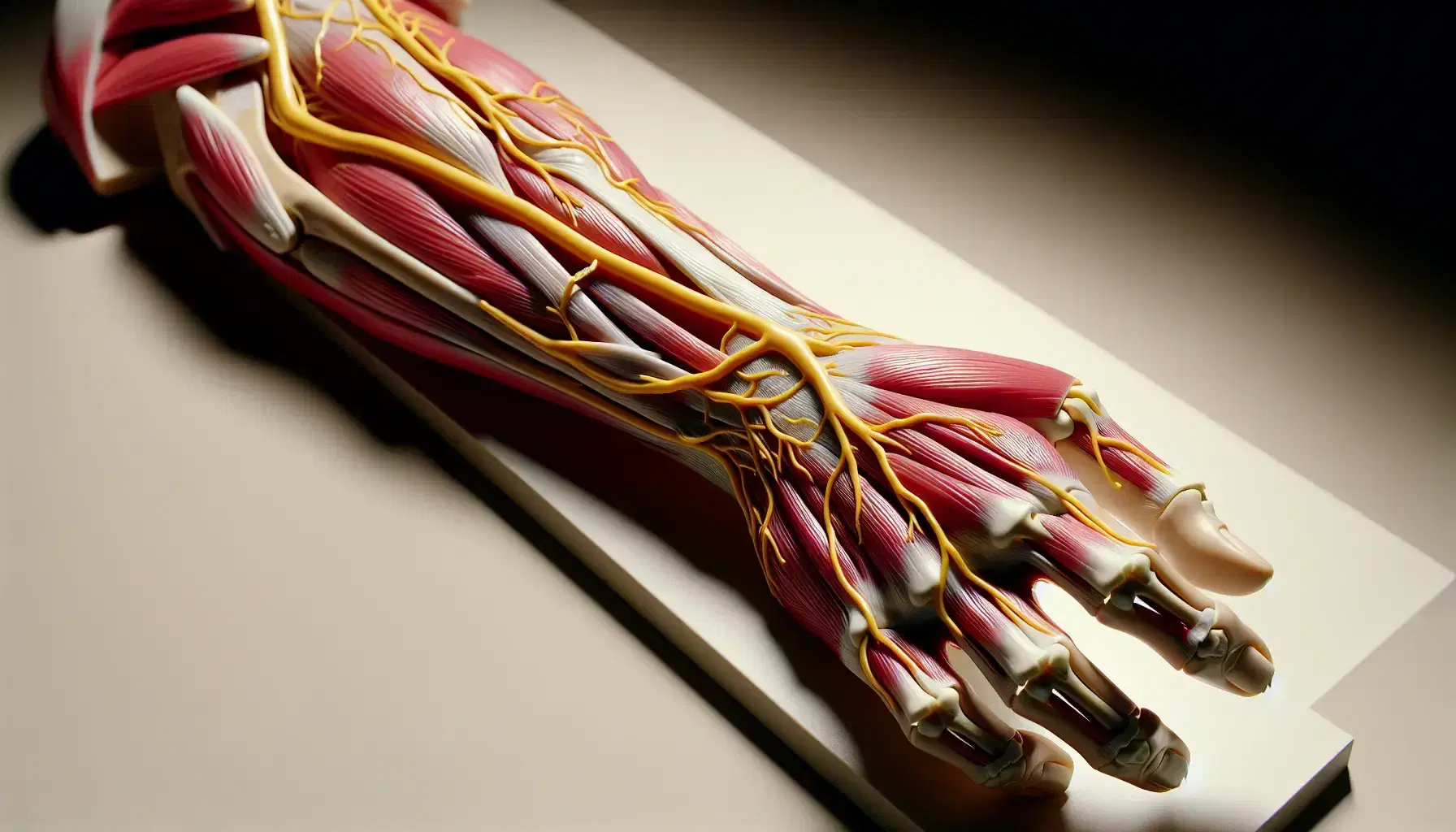 Modelo anatómico detallado del brazo humano mostrando el nervio radial y sus ramificaciones, músculos en rojo oscuro, tendones blancos y huesos, sin piel y con iluminación uniforme.