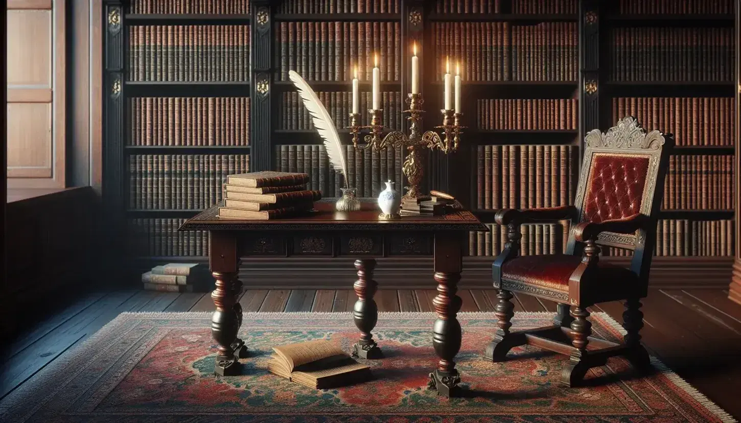 Biblioteca antigua con estantes de madera oscura llenos de libros, mesa central con candelabro de bronce y pluma de ave junto a tintero de porcelana.