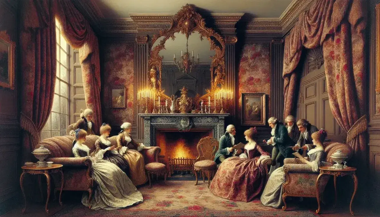 18th-century drawing-room scene with four individuals in period attire conversing, ornate furniture, a fireplace with a mirror, and a window with soft light.