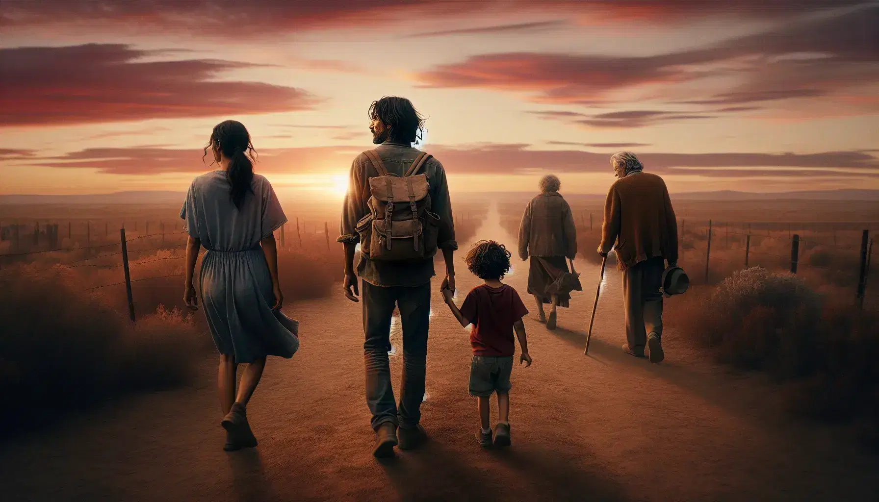 Famiglia multigenerazionale cammina su sentiero polveroso al tramonto, uomo con zaino e donna con bambino mano nella mano, anziano con bastone sullo sfondo.