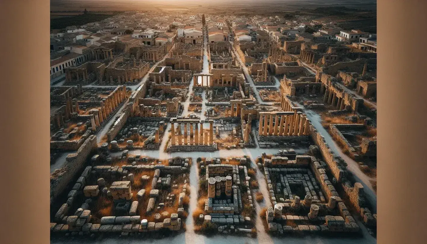 Veduta aerea di rovine antiche di una presunta polis greca con colonne spezzate e strade delineate da vegetazione, al tramonto.