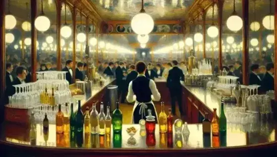 Interno del cabaret Folies-Bergère con barista, bancone lucido, bottiglie colorate e specchio che riflette la folla sfocata.
