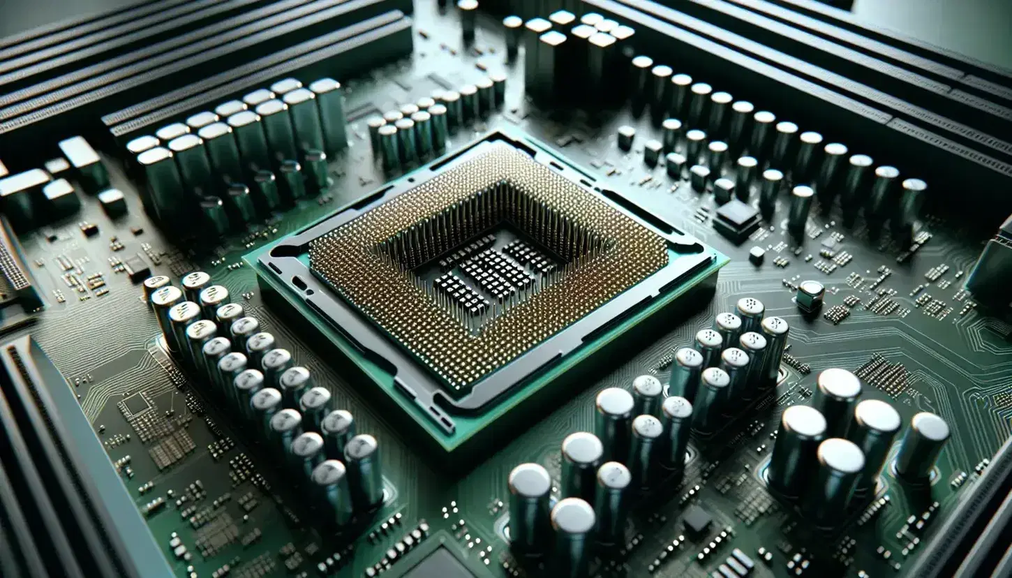 Close-up of a motherboard with empty CPU socket, gold pins, solid capacitors and black DIMM slots on green circuit board.