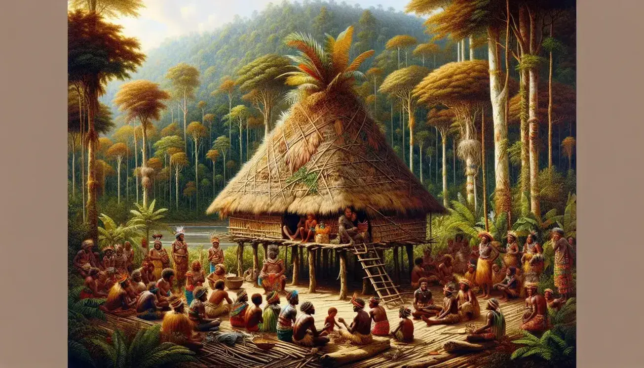 Villaggio tradizionale in Papua Nuova Guinea con capanna su palafitte, abitanti in abiti colorati e foresta tropicale sullo sfondo.