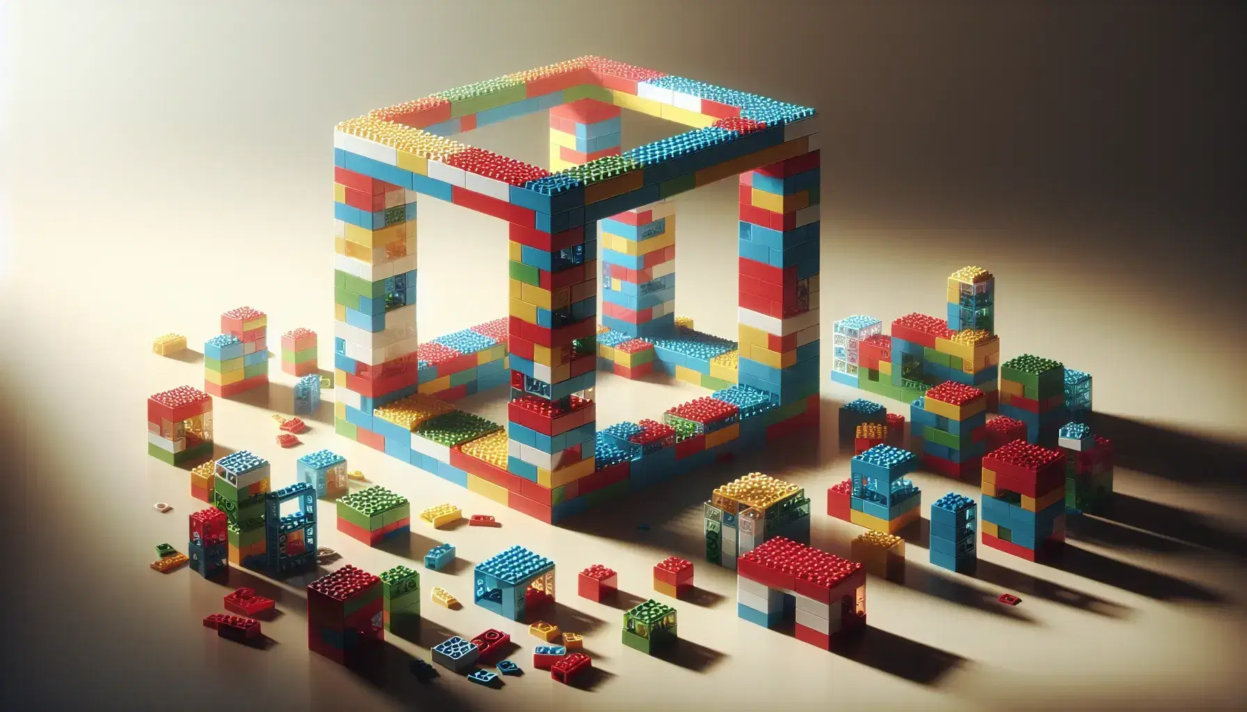 Bloques de construcción tipo Lego en colores vivos con estructura parcialmente armada y piezas sueltas sobre superficie plana neutra.