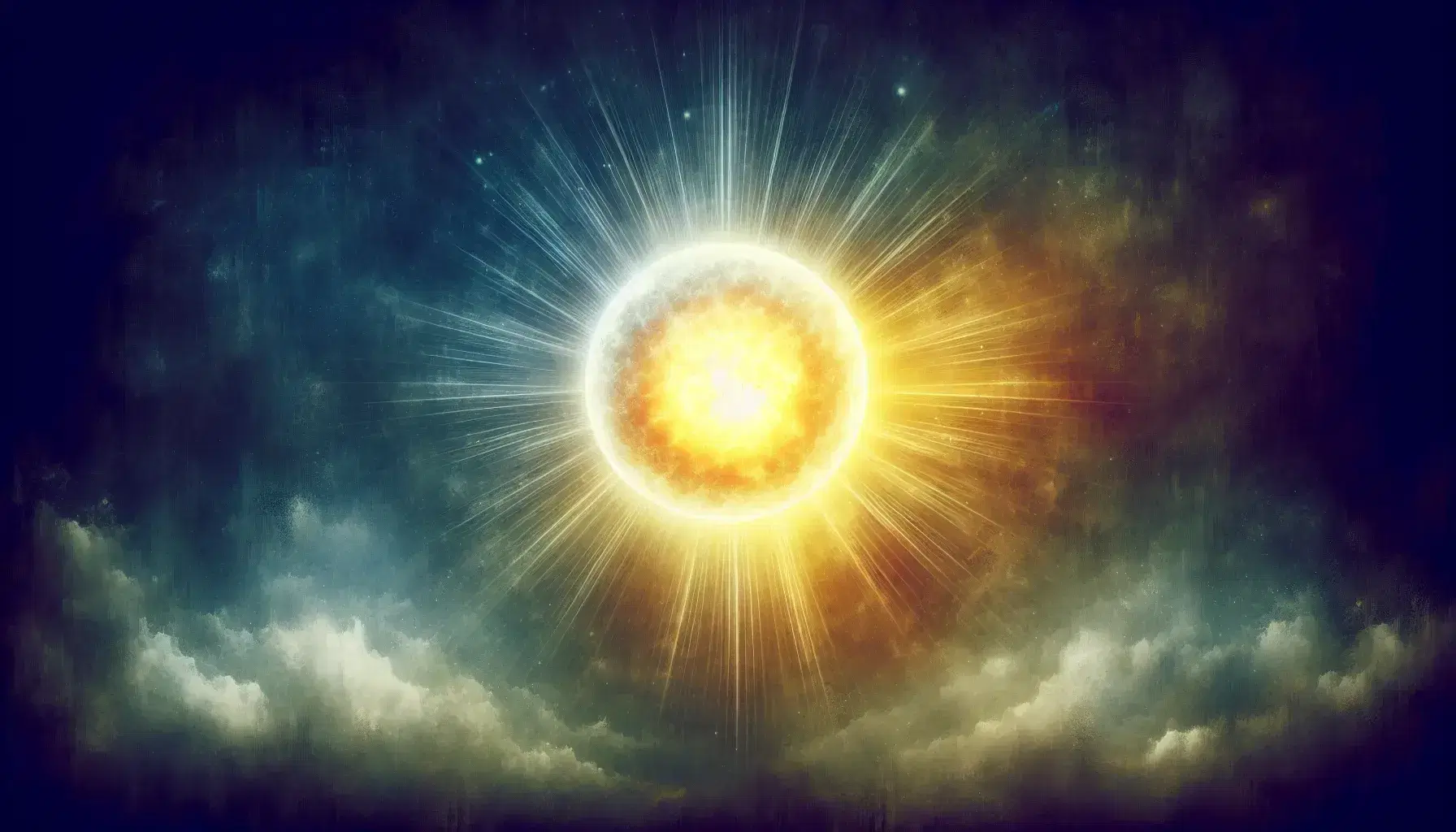 Sole splendente con raggi luminosi su sfondo cielo blu intenso senza nuvole.
