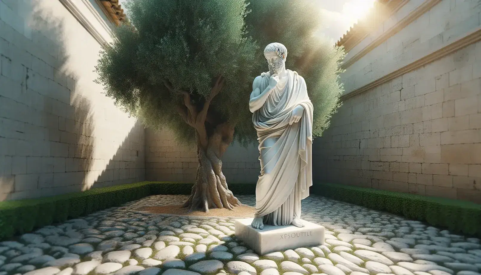 Estatua de mármol blanco de filósofo al estilo de Aristóteles con túnica, de pie junto a un árbol verde bajo luz natural, sobre suelo empedrado.