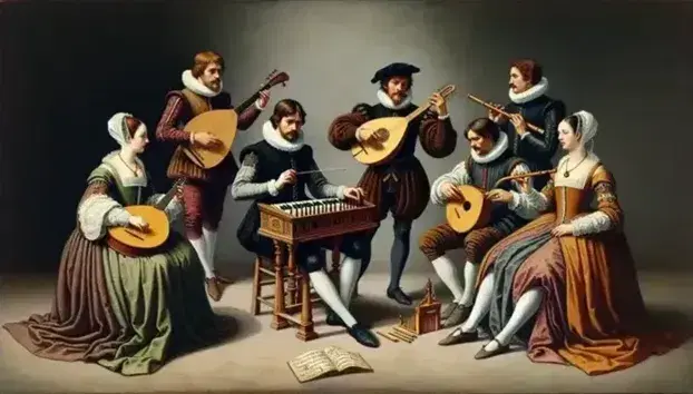 Conjunto rinascimentale esegue madrigale con direttore, liuto, clavicembalo, flauto dolce e viola da gamba su sfondo di arazzo.