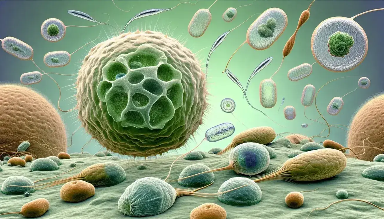 Close-up view of diverse protists under a microscope, showcasing a large green algae with a nucleus, flagellated and ciliated organisms, and cells undergoing binary fission and conjugation.