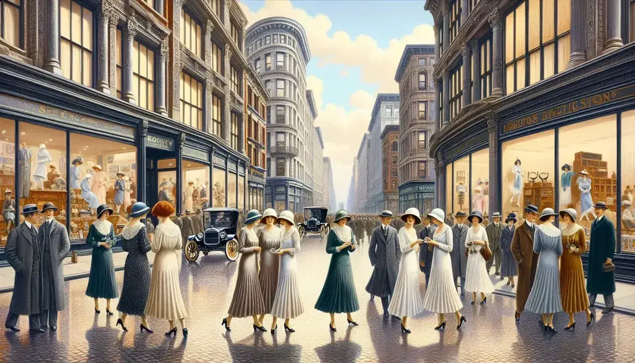 1920s city street scene with flapper women in cloche hats, early cars parked, diverse pedestrians, and storefronts displaying goods under a blue sky.