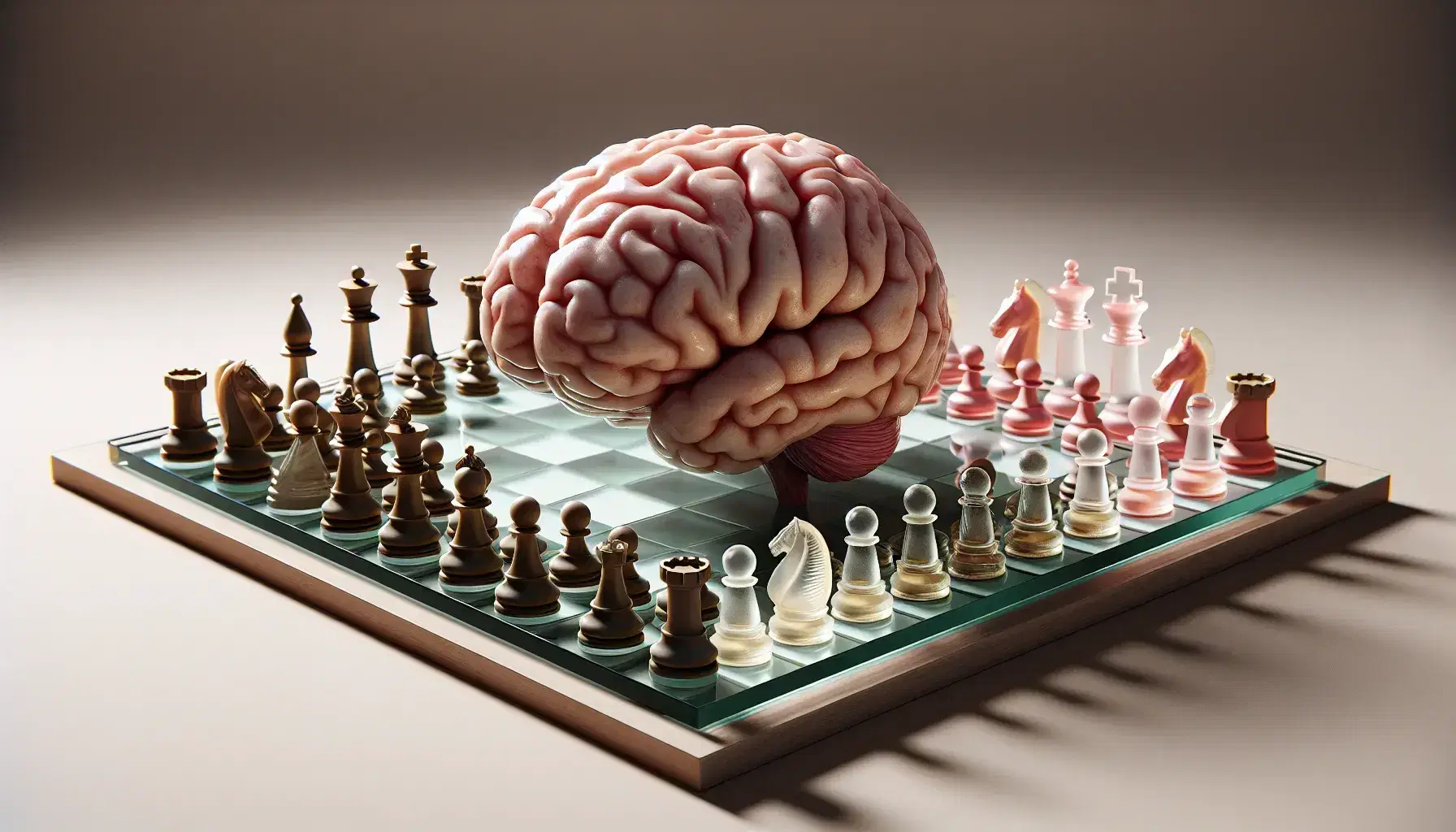 Detailed model of human brain flanked by glass chessboard and hourglass with white sand, on neutral background.