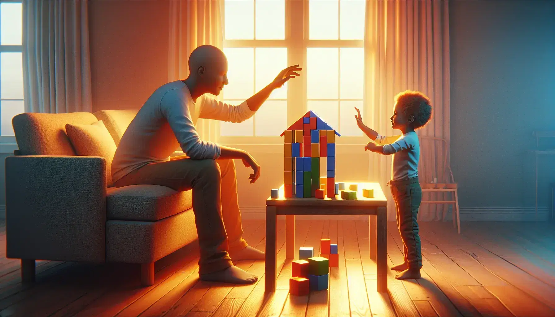 Parent and child in the living room play with colorful constructions on the table, warm light suggests a peaceful afternoon in a domestic environment.