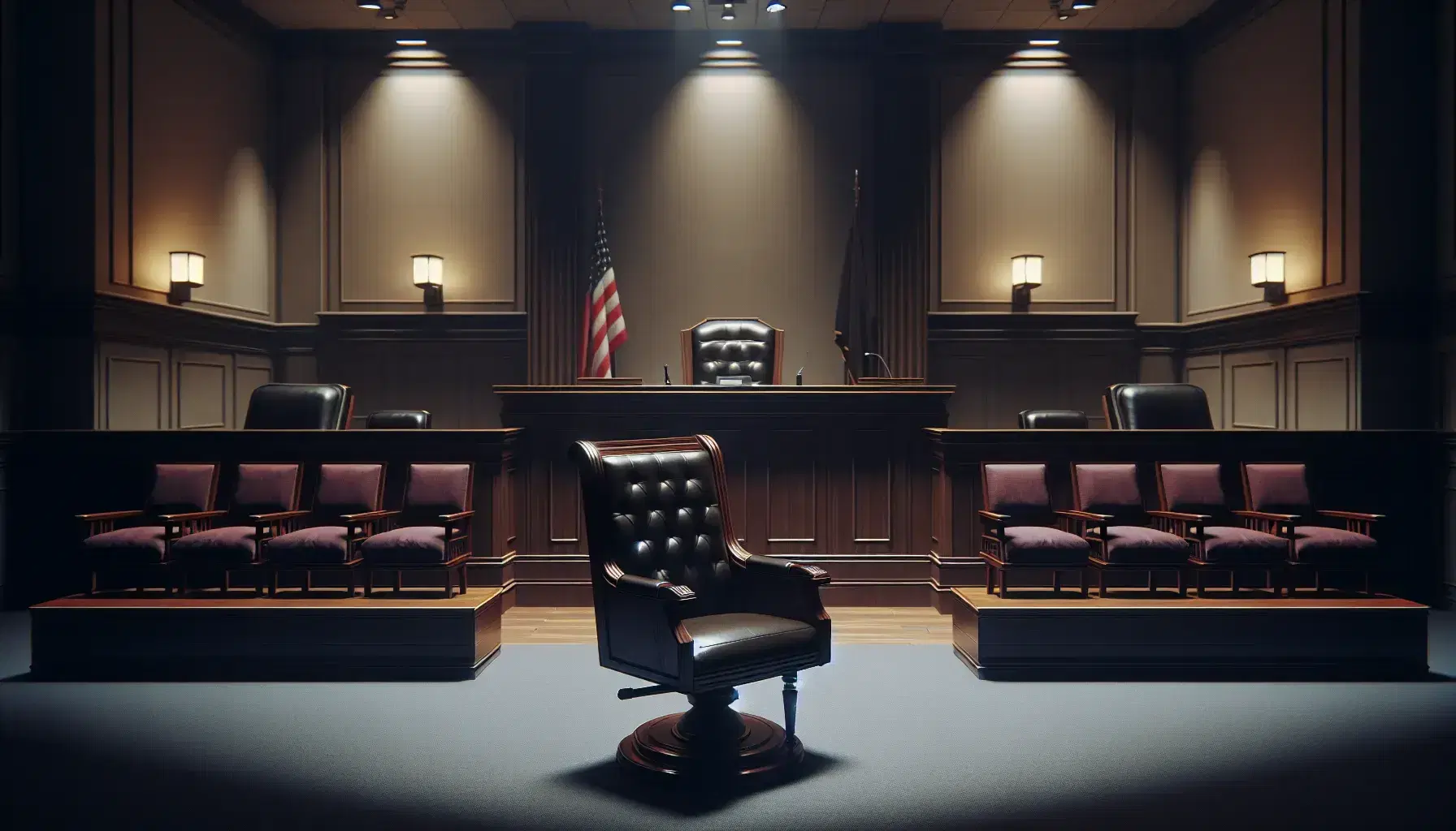 Empty courtroom with dark wooden judge's bench, empty chair, witness stand, jury box with padded chairs and neutral flags.