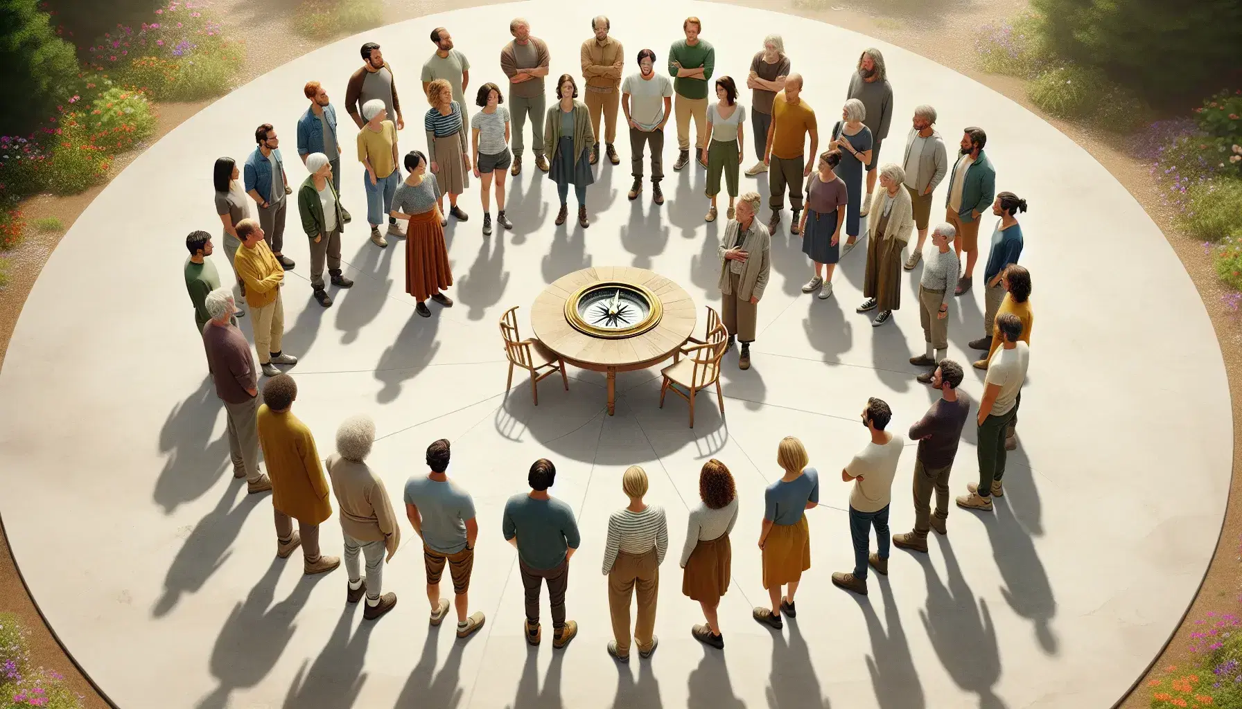 Grupo diverso de personas en círculo alrededor de una mesa con brújula en parque, reflejando diálogo serio y conexión con la naturaleza.