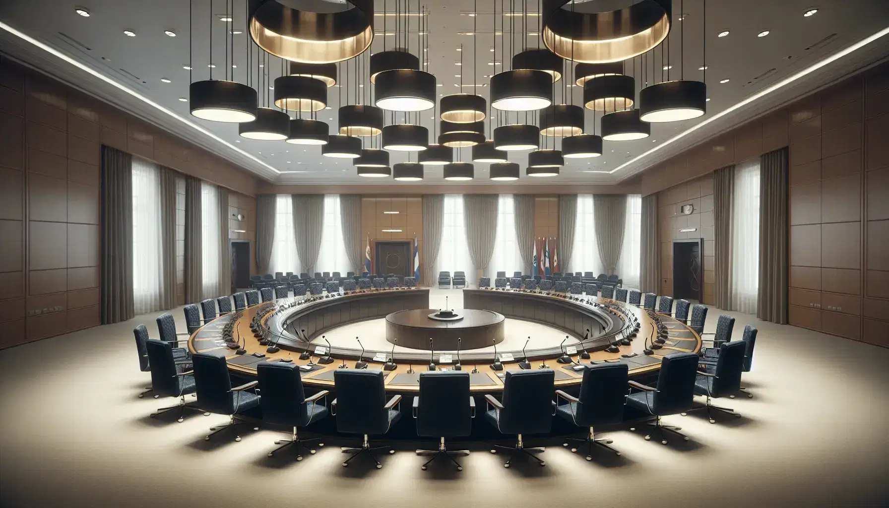 Sala consiliare vuota con tavolo ovale scuro, sedie imbottite blu, microfoni e lampade circolari, pareti chiare con pannelli in legno.