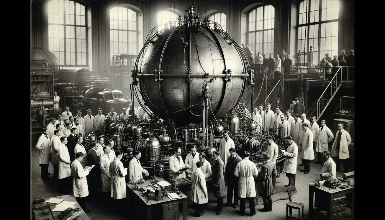 Gruppo di scienziati e tecnici lavora attorno a un grande oggetto sferico metallico in un laboratorio storico.
