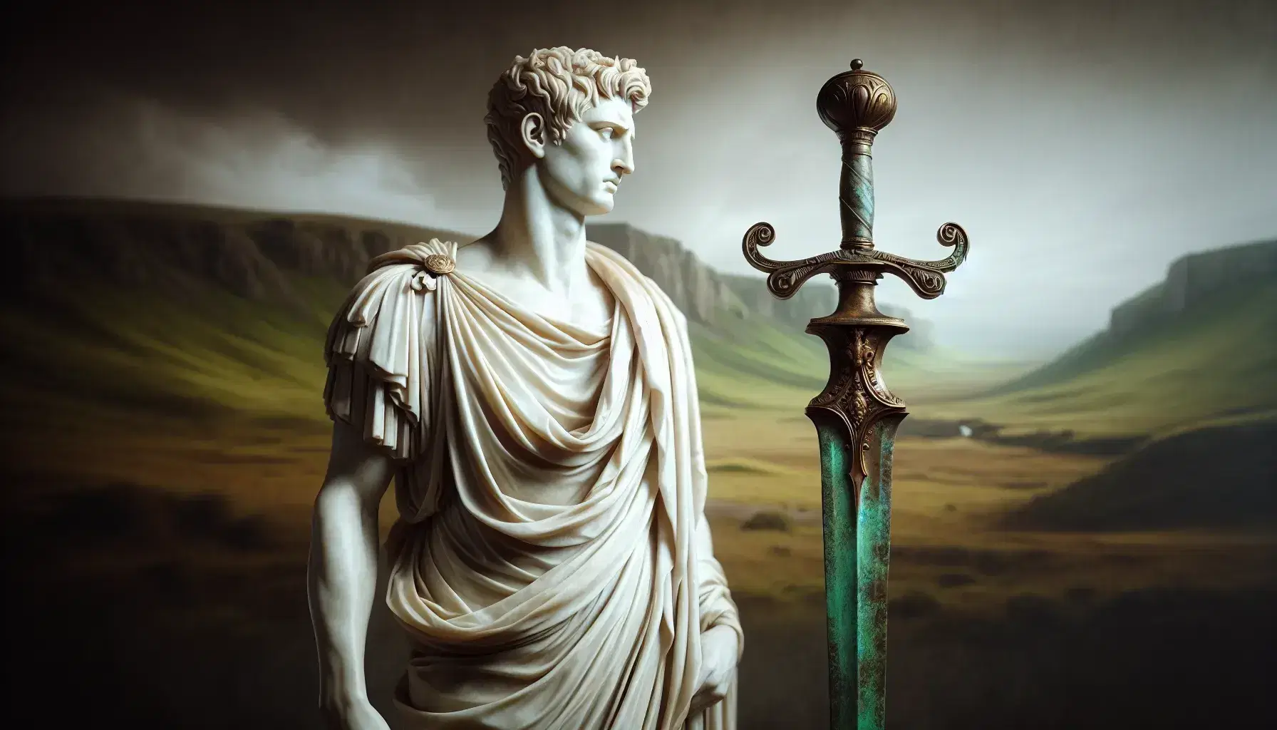 Statua in marmo bianco di figura romana in toga con spada gladius in bronzo su sfondo di colline galliche.