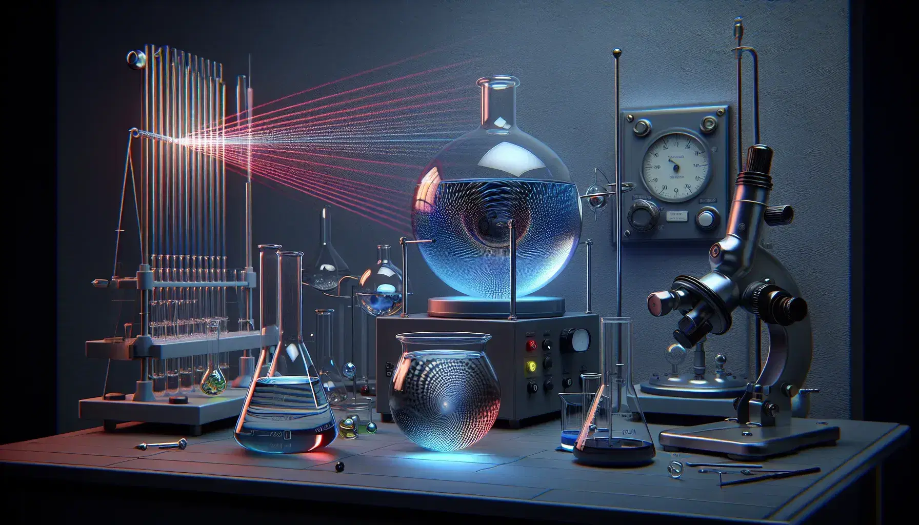 Science laboratory with transparent beaker and spherical flask with effervescent blue liquid, laser and diffraction spectrum, reflecting pendulum.