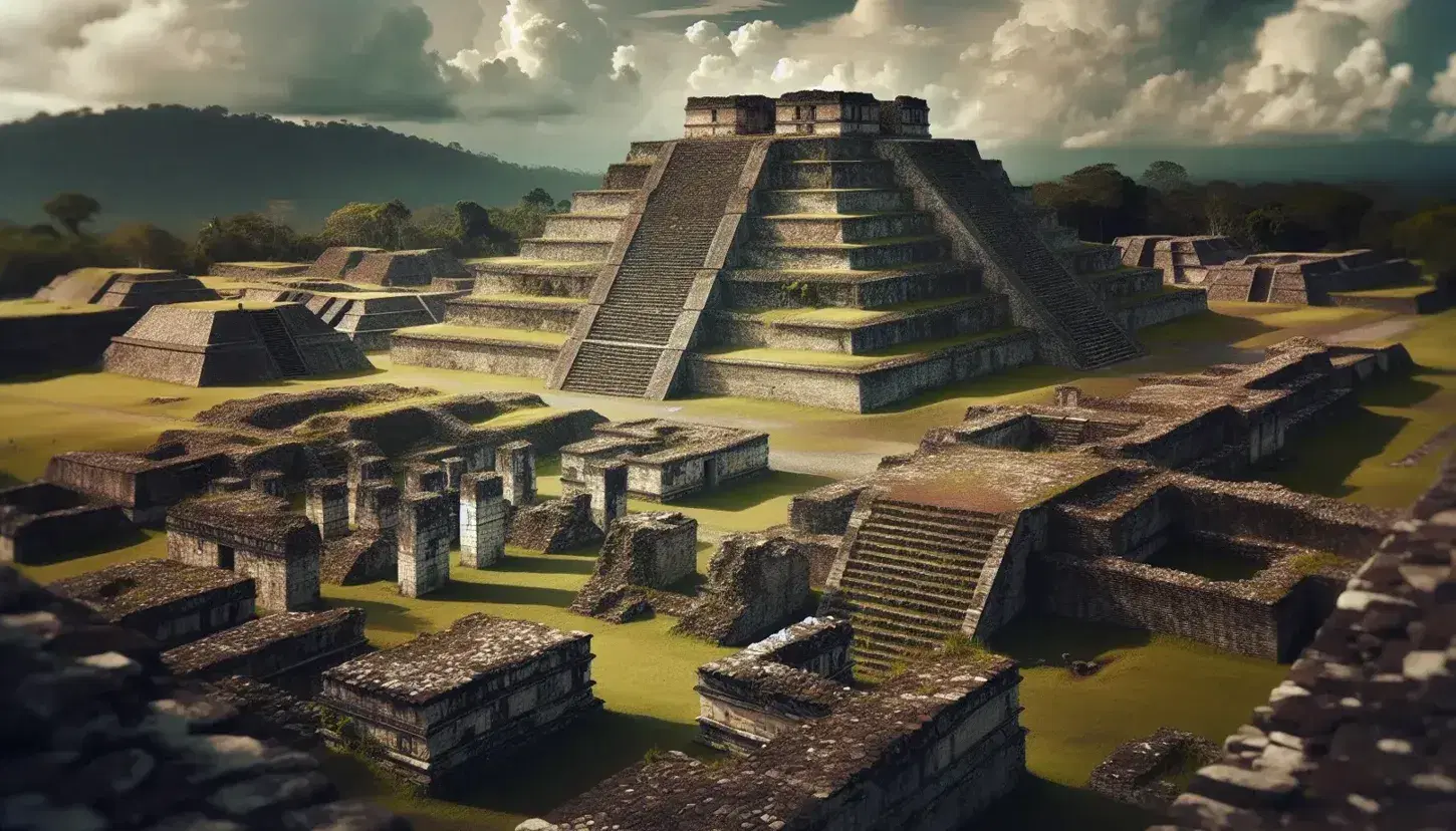 Vista panorámica de ruinas precolombinas con pirámide escalonada y estructuras de piedra en Mesoamérica, rodeadas de vegetación y bajo un cielo parcialmente nublado.