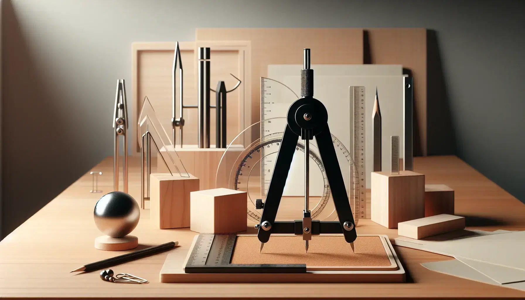 Wooden desk with mathematical tools including a compass, steel ruler, protractor, and geometric shapes like a cube, sphere, and cylinder.